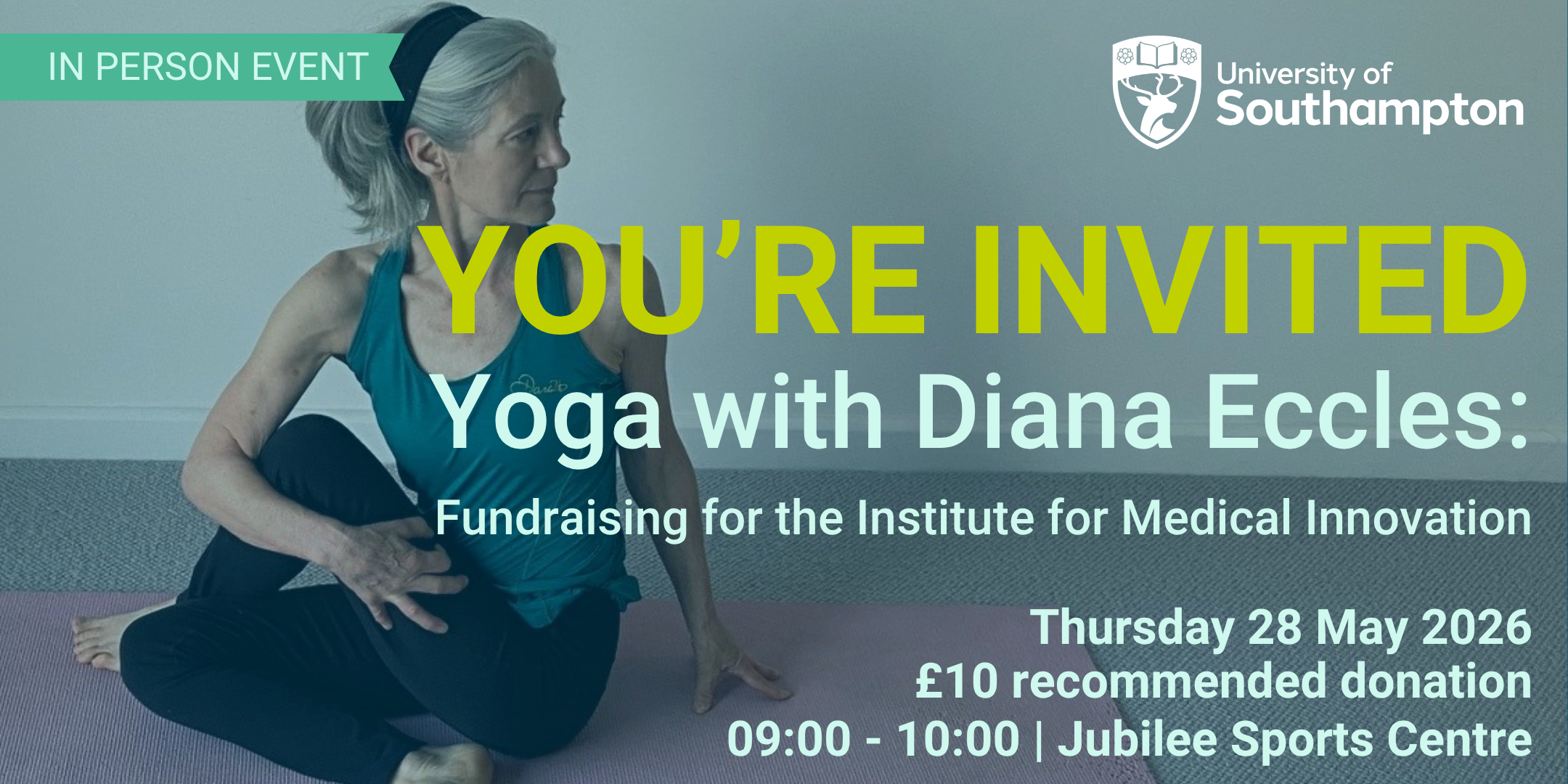 A photo of Diana Eccles doing yoga on a mat, with an invite to one of her charity yoga classes